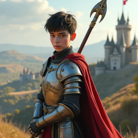 A boy, handsome and has black short hair, wearing medieval armor, full body, holding a halberd, 8k, realis