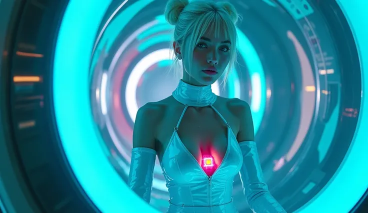 cyberpunk , Girl alone ,  enclosed in a glass capsule ,  girl has turquoise eyes  ,  very realistic , qualitativ,  white sleek bun hair , wet hair ,  collar neon blue  , thick lips ,  very professionally made up  , Sexy woman ,  big breasts ,  latex white ...