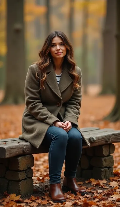 A 36-year-old woman sitting on a rustic bench in an autumn forest, dressed in a buttoned-up coat.