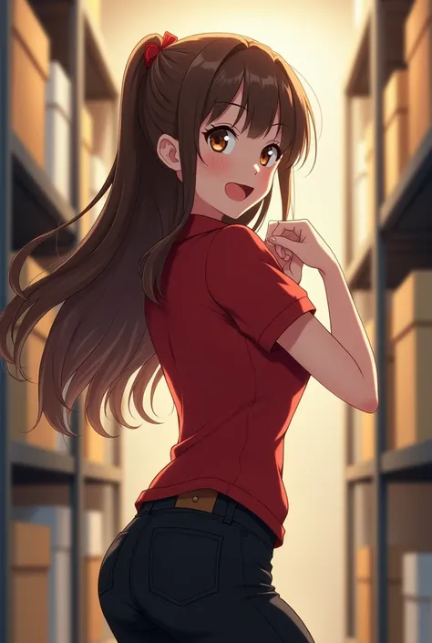 Young anime woman in a storage room, with long brunette hair and brown eyes, wearing red skinny polo shirt with short sleeves and black skinny jeans, looking with smile, view frоm her back, pulling up her jeans with her hands