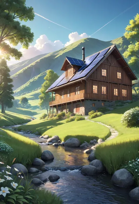 a beautiful wooden house next to a stream in a plain with hills on the horizon, solar panels installed and a Starlink style antenna, detailed house, detailed landscape, idyllic landscape, detailed trees and nature, sunlight, warm colors, photorealistic, 8k...