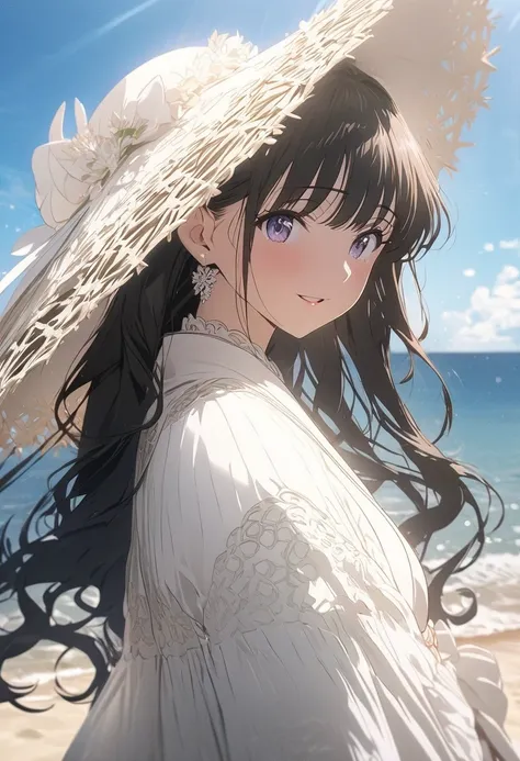 (masterpiece, detailed:1.2), , anime, one girl, at the seaside, uses a parasol, satisfied, sophisticated design, advanced lighting technology, live-action photo 8K quality