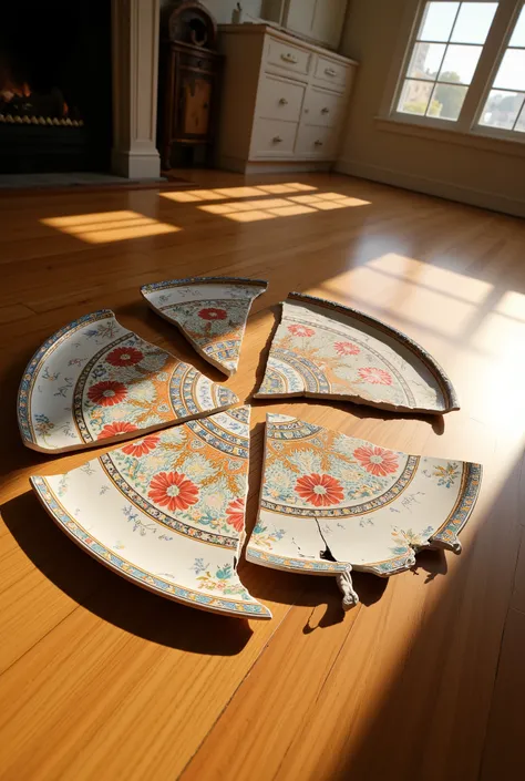 Ultra-realistic. Cinema 4D rendering. Ceramics. The result of dropping a large ceramic Vietri Venezia Murano Burano glass plate on the floor. Cinematic lighting. Broken plate on the floor. [wide cracks in the plate. The dish is divided into four pieces.]. ...