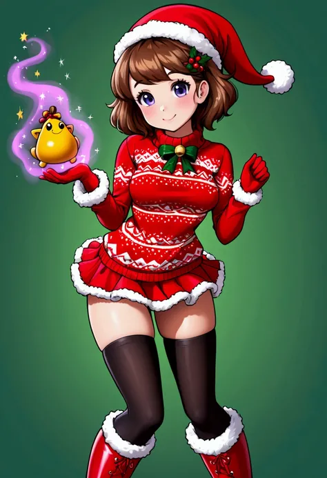 a cute woman (cute, sexy leggings, mini skirt, Christmas sweater, gloves, toboggin, fuzzy boots), she is playing nd flirting with viewer in a Christmas wonderland
