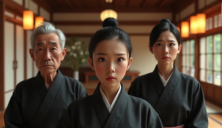 A hyper-realistic scene of a group of three Japanese hotel attendants standing in the lobby of a traditional ryokan. They have distinct human features with lifelike skin textures, realistic facial expressions, and natural imperfections. All three are dress...