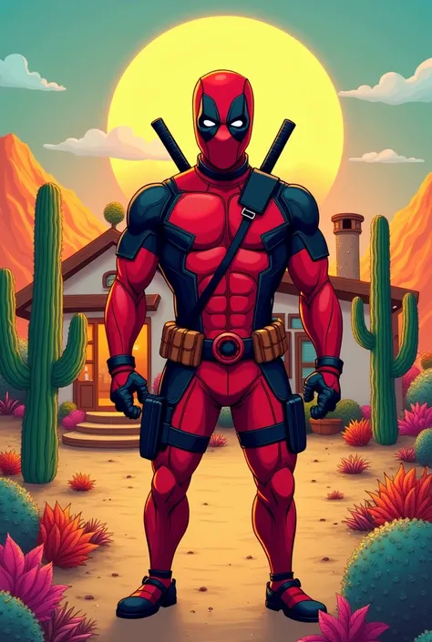 A vibrant illustration of Deadpool, the iconic Marvel anti-hero, standing in front of a whimsical desert home surrounded by cacti and colorful desert flora. He has a huge, cheeky grin on his face, showcasing his playful personality. The sun is setting in t...