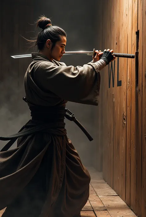  A samurai cutting through a wooden wall, with the cuts forming the letters WL 