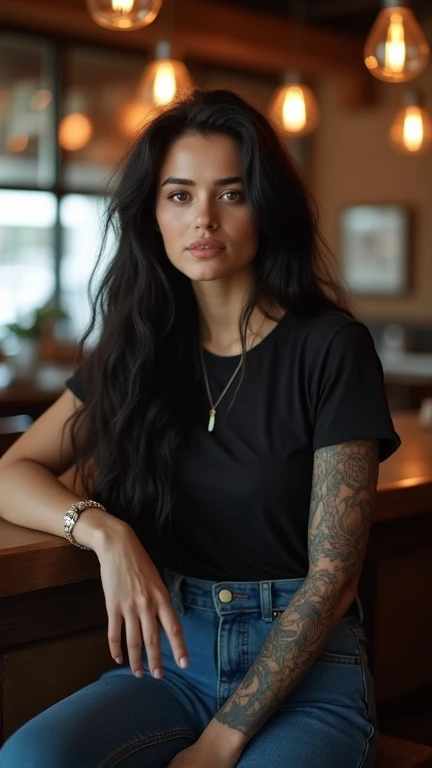 A beautiful woman with beautiful black long hair wearing a cool t-shirt jeans sits relaxed with a handsome tattooed strapping guy in a bar cafe Professional living  , 4k, HD, UHD, 8K,  High detail ,        ultra definition 