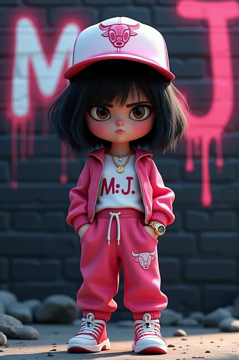 A captivating 3D digital illustration combines the worlds of fashion and gaming, creating a mesmerizing blend of style and technology. The scene features a sullen and frowning chibi female character standing confidently in front of a graffiti-covered black...