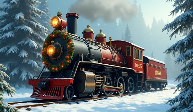 A Christmassy decorated steam locomotive as a memorial 