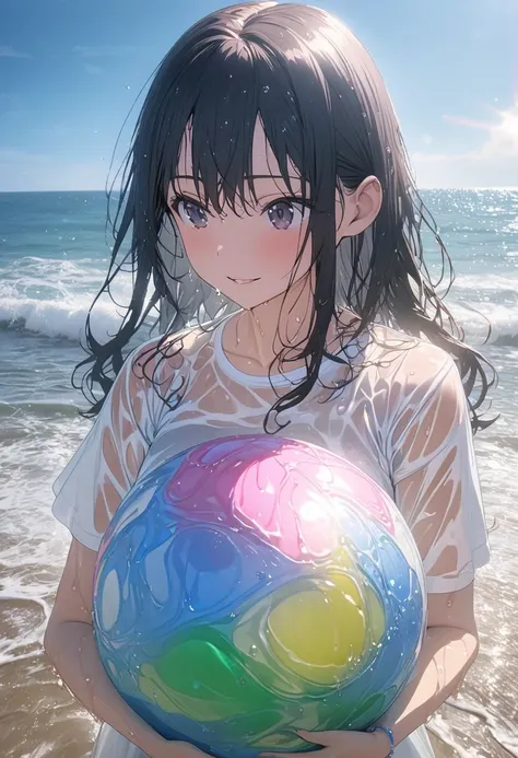 (masterpiece, detailed:1.2), , anime, one girl, at the seaside, playing with a big colorful waterball, soaking wet, wet clothes, wet hair, shiny skin, satisfied, sophisticated design, advanced lighting technology, live-action photo 8K quality