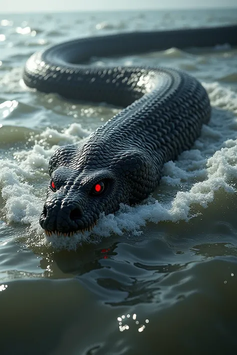 black titanoboa red eyes gigantic snake, snake moves slowly through the water, causing waves and intense movements..