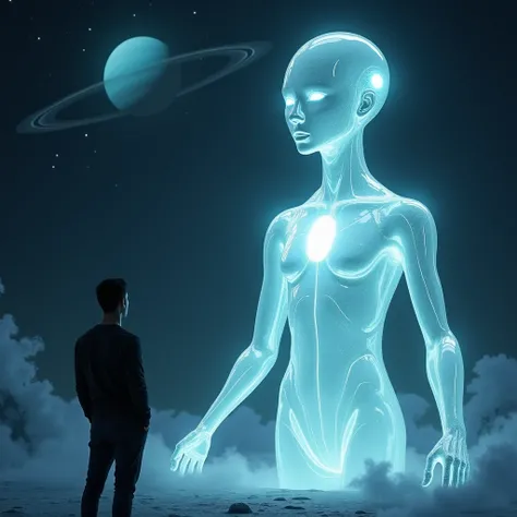 ((high quality)), ((masterpiece)), ((highly detailed)), A man looking at A towering humanoid figure representing Uranus, with a sleek, ethereal body glowing in shades of pale cyan and icy blue, mirroring the planets frozen atmosphere. Its form shimmers wit...