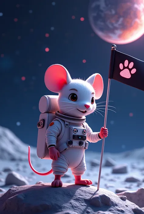 Digital Illustration cartoon of a mouse on the moon. the mouse is wearing a white space suit with a backpack and is holding a black flag with a MOUSE paws on it. it is standing on the surface of the moon with a full moon in the background.looks realistic w...