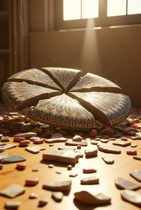 Ultra-realistic. Cinema 4D rendering. Ceramics. The result of dropping a large ceramic Vietri Venezia Murano Burano glass plate on the floor. Cinematic lighting. Broken plate on the floor. [wide cracks in the plate. The dish is divided into four pieces.]. ...