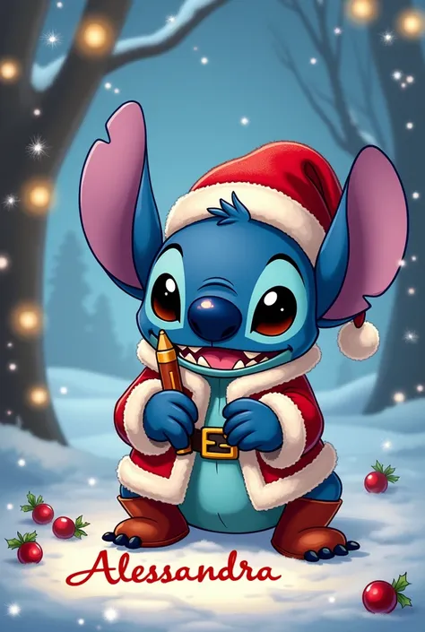 Stich dressed for Christmas who writes the name Alessandra 