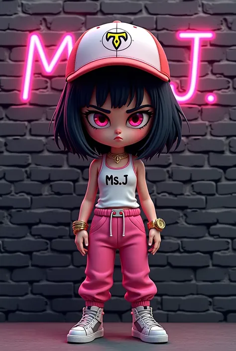 A captivating 3D digital illustration combines the worlds of fashion and gaming, creating a mesmerizing blend of style and technology. The scene features a sullen and frowning chibi female character standing confidently in front of a graffiti-covered black...