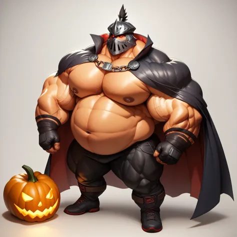 a man with a big giant musclegut tall wide body and big fat belly using black cape, black pants, black gloves, and pumpkin helmet which cover all of his face. Full body, standing still, solo, 1 person, very big body, very tall body, very wide body, very mu...