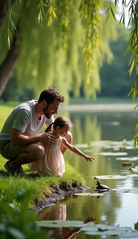 A tranquil moment beside a peaceful pond, where a father and his young daughter kneel on the grass, gently observing a small turtle near the water’s edge. The  points at the turtle in excitement, while the father smiles warmly, sharing her joy. Lily pads f...