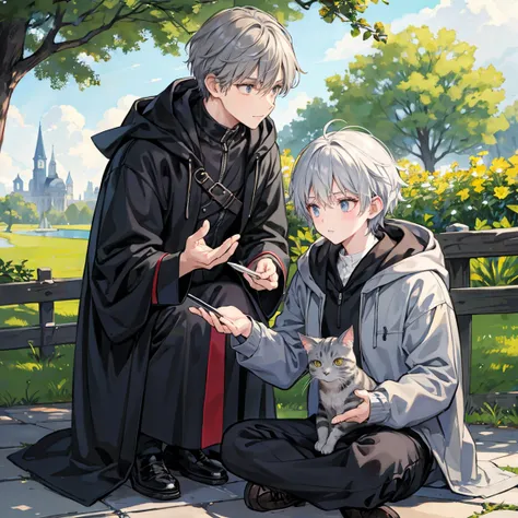 The gray short-haired wizard man is petting a cat in the park