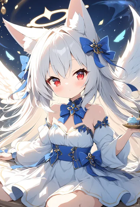 Rakifox,lapis lazuli、blue、Works on the theme of Lapis Lazuli、White Hair、 red eyes、Very beautiful、Light effects、Angel Wings、Halo