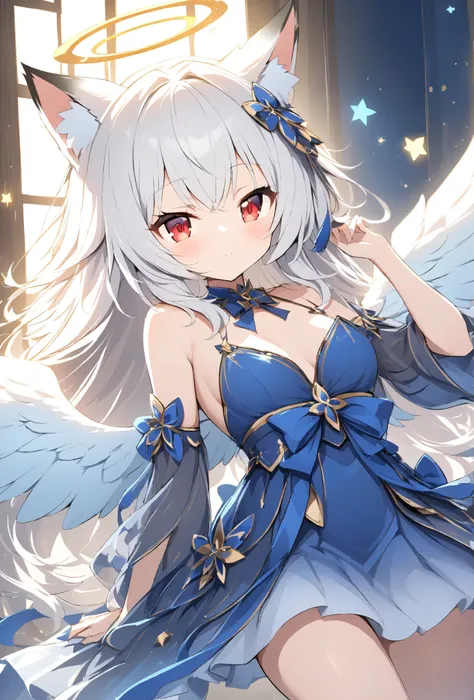 Rakifox,lapis lazuli、blue、Works on the theme of Lapis Lazuli、White Hair、 red eyes、Very beautiful、Light effects、Angel Wings、Halo