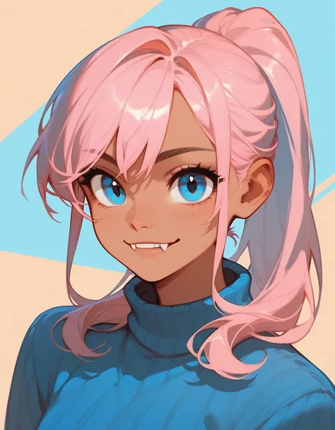 girl,Tan,Light pink hair,  in blue eyes , Small fangs , dark under the eyes , Ponytail ,cute, Medium Bust, sweater,Borrow a light , Trousers,beard