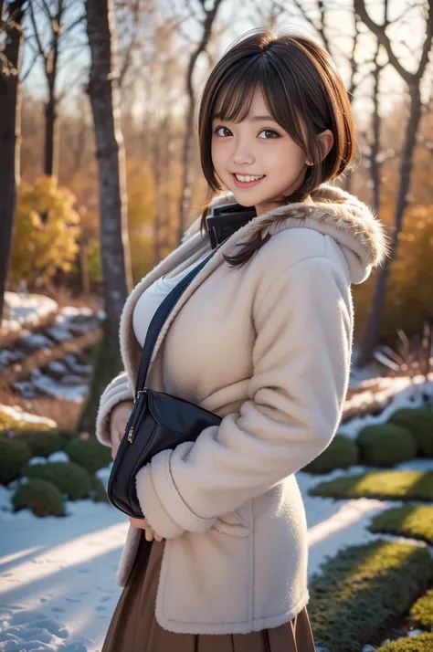 (8k, RAW photo, photorealistic, HQ, masterpiece), a cute Japanese girl,(glowing eyes), 
(laugh ), brown hair, fluffy Pixie Bob hair, large breasts, curvy, (Duffle coat, simply long skirt), 
standing pose, Seductive pose, (winter nature park), 
blurred back...