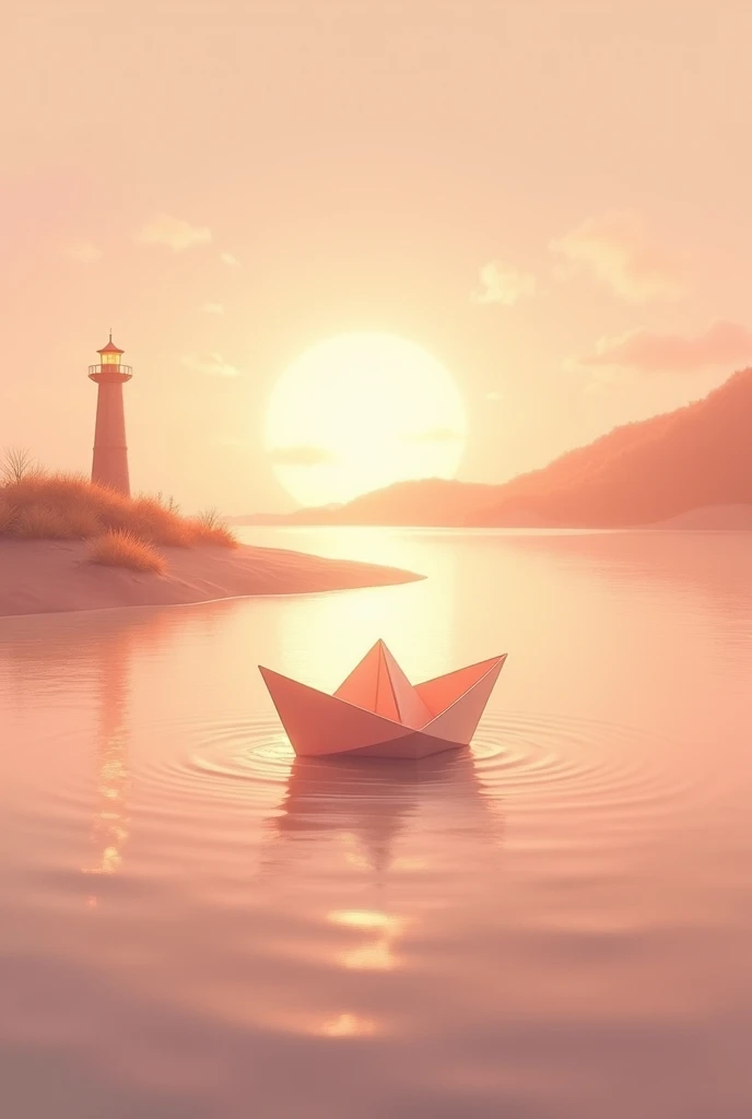 Generate a cover image of a music CD album that has a landscape of a paper boat and in the background a lighthouse shining dimly in the sea that looks like an artistic painting that the sky and the sea are peach-colored