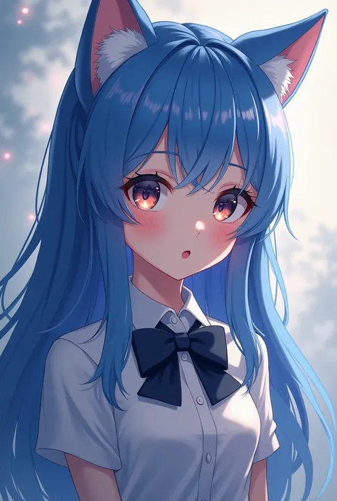 High school adult anime girl with long blue hair and matching bowtie, portrait anime, anime girl with cat ears, shading and lighting.