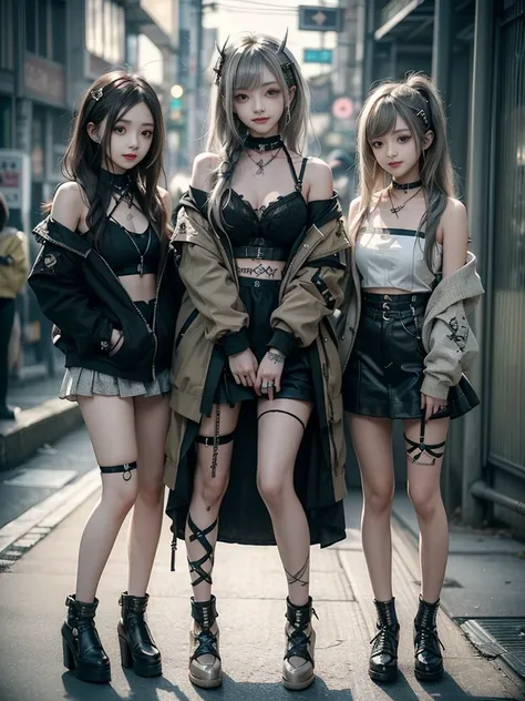 (Three Girls, 3 girls:1.5)、(Smiling with teeth showing:1.3),(Shibuya Gal:1.5)、(Beautiful gravure model:1.5)、(Neo-goth fashion:1.5)、(Punk RockVisual Kei:1.5)、(An off-the-shoulder hoodie in olive and beige colors, adorned with delicate silver accessories.:1....