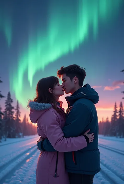  realistic style . An 18-year-old girl with brown hair on her shoulders and wearing a pink jacket and a 21-year-old boy with black hair kissing while watching the Northern Lights. 