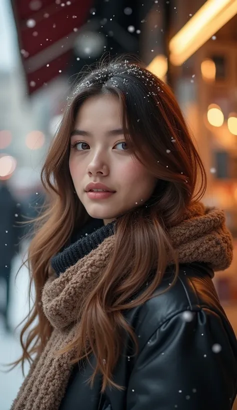 レゴアートWinter afternoon, falling snow, Beautiful Women of America in casual winter clothes looking inside a shop. Description: Photorealistic, Masterpiece, Top quality, RAW photo, Solo, Semi long hair, Brown hair, Detailed face, Attractive face, Dynamic pose...