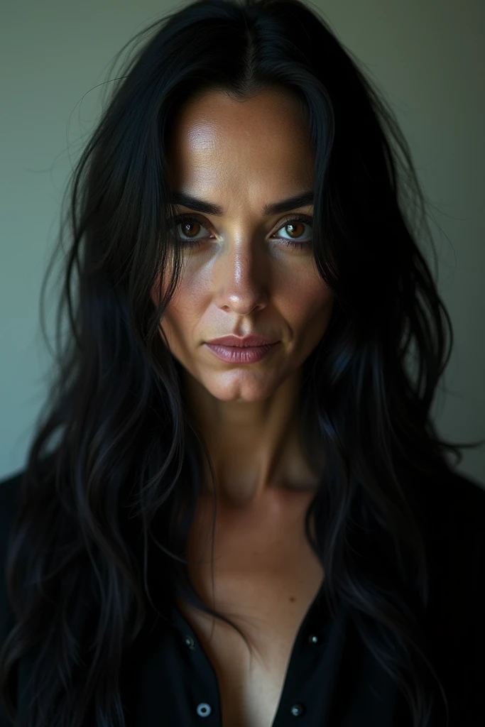  Realistic photo mature woman ,  long black hair, dark brown eyes ,  serious and unhinged look. 