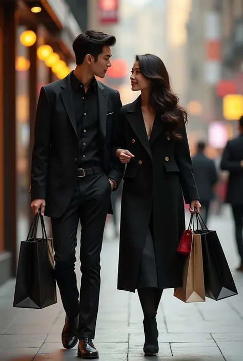 A tall Korean man handsome and wearing a modern black suit , And a beautiful Korean woman taking it with her hands full of purchases 