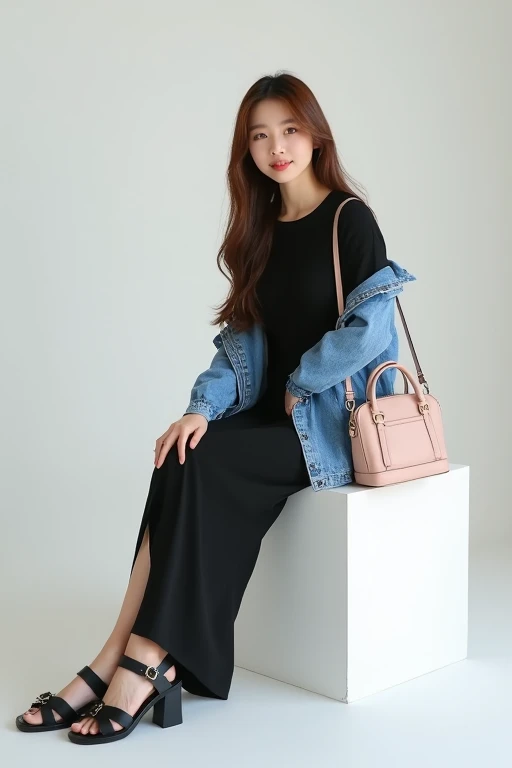 indoor portrait, a long-haired Korean woman, wearing a black tight long dress, jeans jacket, wearing a light pink mini bag, black jelly sandals, sitting casually with a cool pose in a white rectangular box, white studio photo background, minimalist decorat...