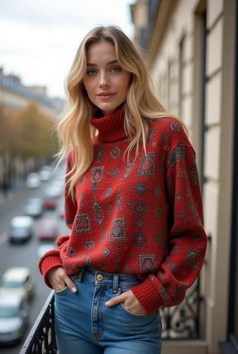 ( Moroccan masterpiece ,  best quality ), beautiful woman, porter un sweat et un pantalon en jean bleu, Blonde woman,  , collier,  wavy hair, visage parfait, beautiful face, concours,  grands yeux magnifiques , happy, (outside), City streets, Paris, in an ...