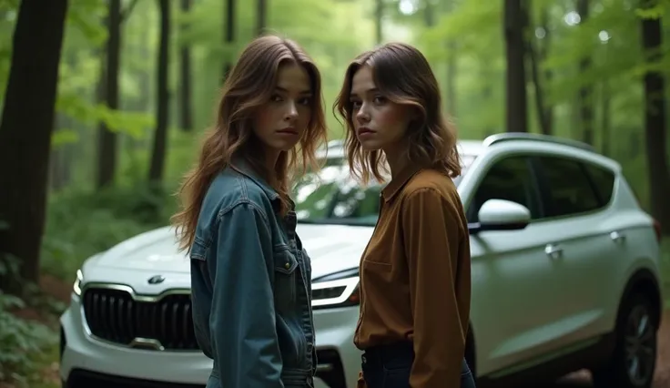 Two Beautiful 23 years old sexy figure white girls standing near their White SUV in the forest and looking scared.