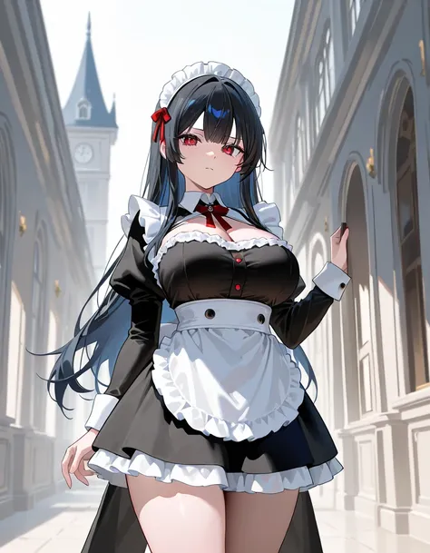 Mansion，maid outfit ，beautiful dark blue long hair，Latest, beautiful woman ，Thin eyebrows，high nose，Beautiful red eyes，(Big Breasts:0.7)，clear，Thighs