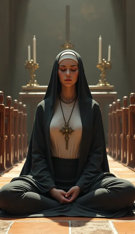 a nun is sitting on the floor (her legs are spread wide, she is wearing only a headdress and a cross on her large chest), there is an altar in the background, benches on the sides