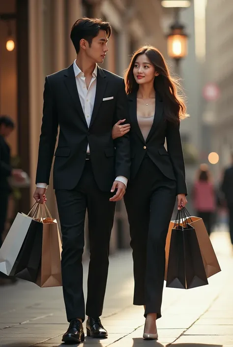 A tall Korean man handsome and wearing a modern black suit , And a beautiful Korean woman taking it with her hands full of purchases 