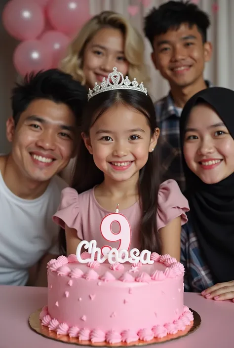 Photography of a  asian girl ,  wearing a pink cinderella dress ,  and wearing crown ,  celebrating their birthday accompanied by two handsome 25-year-old Korean men, wearing a white t-shirt and flannel shirt  , a 25-year-old black haired Korean woman ,  a...