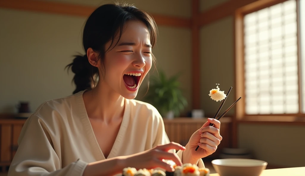 A hyper-realistic scene of a young Japanese woman sitting at a dining table, captured in a moment of uncontrollable laughter. Her features are lifelike, with smooth skin, natural facial contours, and realistic textures. She has sleek black hair tied in a l...