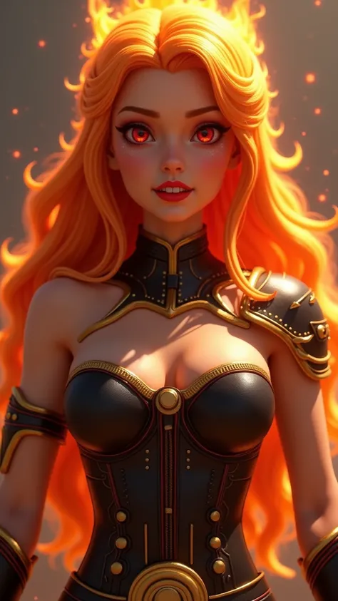 Fire hair, flashy leather belt with a large buckle, 2.5D realistic, flaming long hair, burning red eyes, golden eyebrows, bright red lipstick, cool facial expression, wearing a rider suit with flashy black and red stitching, at the Coliseum, blurred backgr...