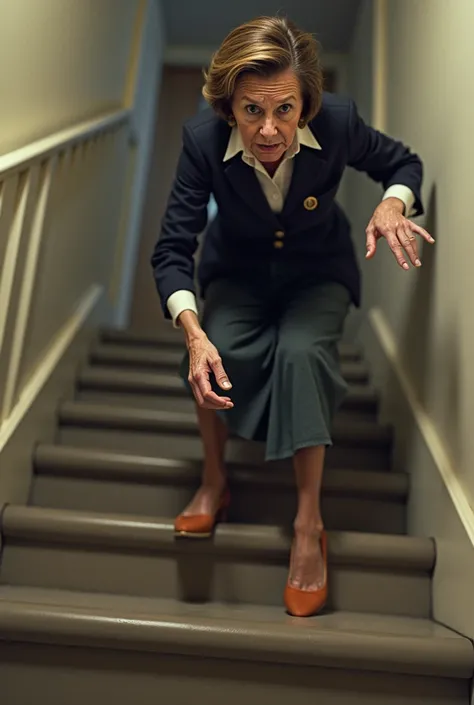  Nancy Pelosi This old lady came down the stairs， Head down ，Feet up . 