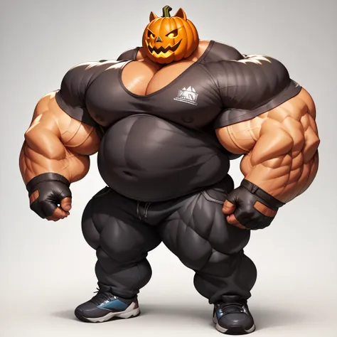 a man with a big giant musclegut tall wide body and big fat belly using black shirt, black pants, black gloves and pumpkin mask which cover all of his head. Full body, standing still, solo, 1 person, very big, very tall, very wide, very muscular, very fat,...