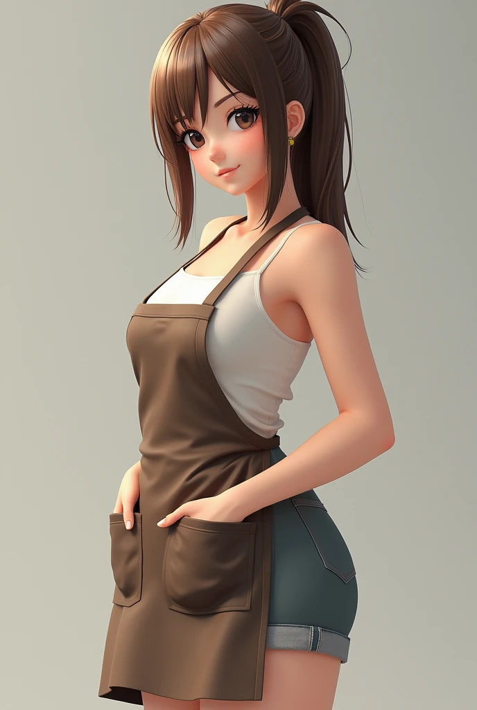 Brown Hair， straight hair， ponytail， high school girl，Her chest is E cup， Shorts ， camisole， apron，