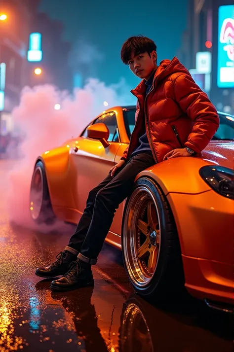 a photograph full body awesome Korea man, smiling, cyberpunk clothing, sitting on street, posing an attractive model, looking at viewers, front car, shiny golden red chrome car paint, airbrush painting, very flat golden red car, chrome rims, modified neon ...