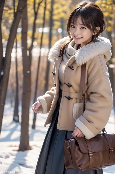 (8k, RAW photo, photorealistic, HQ, masterpiece), a cute Japanese girl,(glowing eyes), 
(laugh ), brown hair, fluffy Pixie Bob hair, large breasts, curvy, (Duffle coat with simply long skirt underneath), 
standing pose, Seductive pose, (winter nature park)...