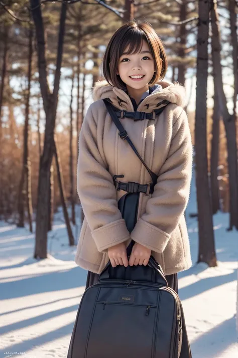 (8k, RAW photo, photorealistic, HQ, masterpiece), a cute Japanese girl,(glowing eyes), 
(laugh ), brown hair, fluffy Pixie Bob hair, large breasts, curvy, (Duffle coat with simply long skirt underneath), 
standing pose, Seductive pose, (winter nature park)...